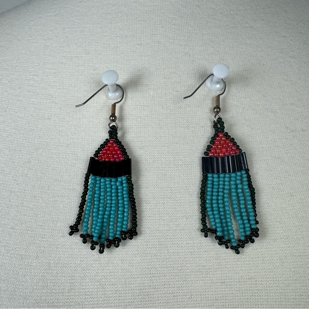 Beaded Dangle Earrings with Red and Teal Handmade Vintage
